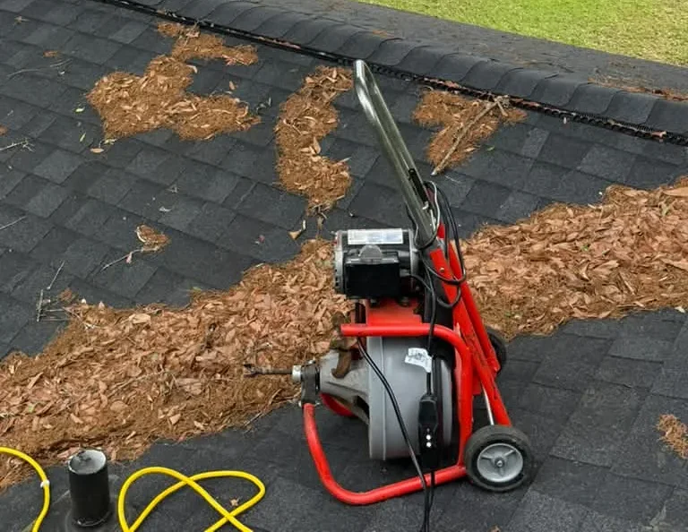 A red drum drain machine set up on a shingle roof beside a vent stack with a yellow hose coiled