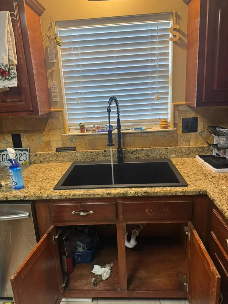 A stainless undermount sink in granite with a black gooseneck faucet, cabinet open beneath